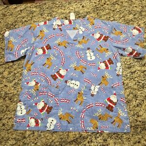 UA Scrubs Christmas Santa‎ Reindeer Snowman V-Neck Scrub Top Blue Womens XL
